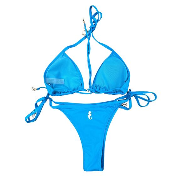 Sunny Co Clothing - Triangle Halter Tie Bikini Top & Tie Side Bottoms in Blue - Picture 4 of 4
